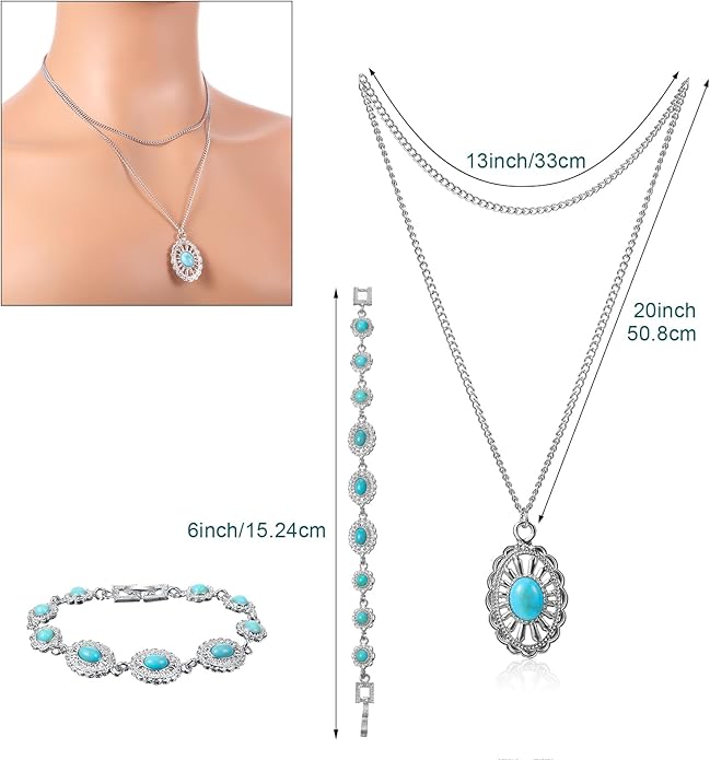 Haysandy 4 Pcs Turquoise Western Jewelry Sets for Women Bohemian Vintage Concho Necklace Classic Dangle Earrings Bracelet Belt