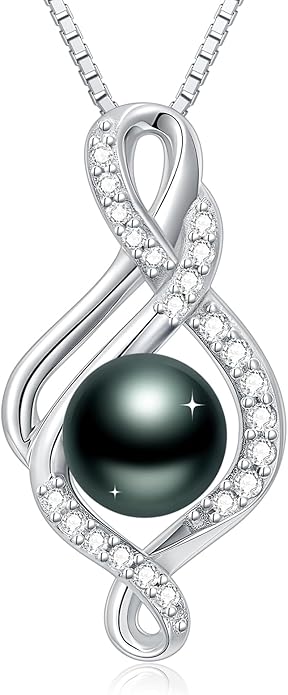 Tahitian Black Pearl 18K White Gold Plated Sterling Silver Heart/Infinity/Four Leaf Clover Pendant Necklace Jewelry Gifts for Women Wife Mom Girlfriend Wedding Birthday Anniversary Christmas