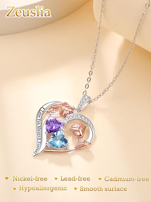 Valentine's Day Gifts for Wife 925 Sterling Silver Double Birthstone Pendant Necklaces I Love You for Always and Forever Necklace Anniversary Birthday Gifts for Wife Girlfriend Mom Her
