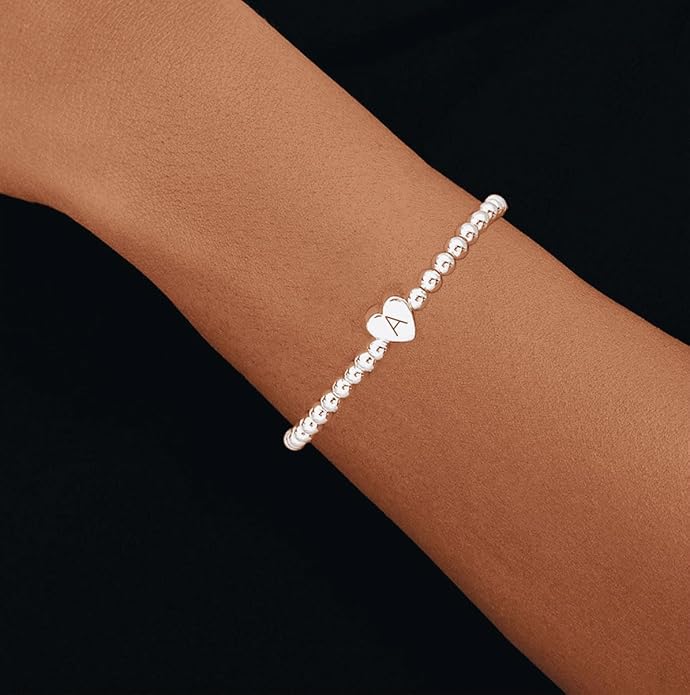 Valentines Day Gifts for Women Her - Dainty Beaded Heart Initial Bracelets Letter A-Z Charm Stretch Bead Ball Bracelet Trendy Jewelry Gifts