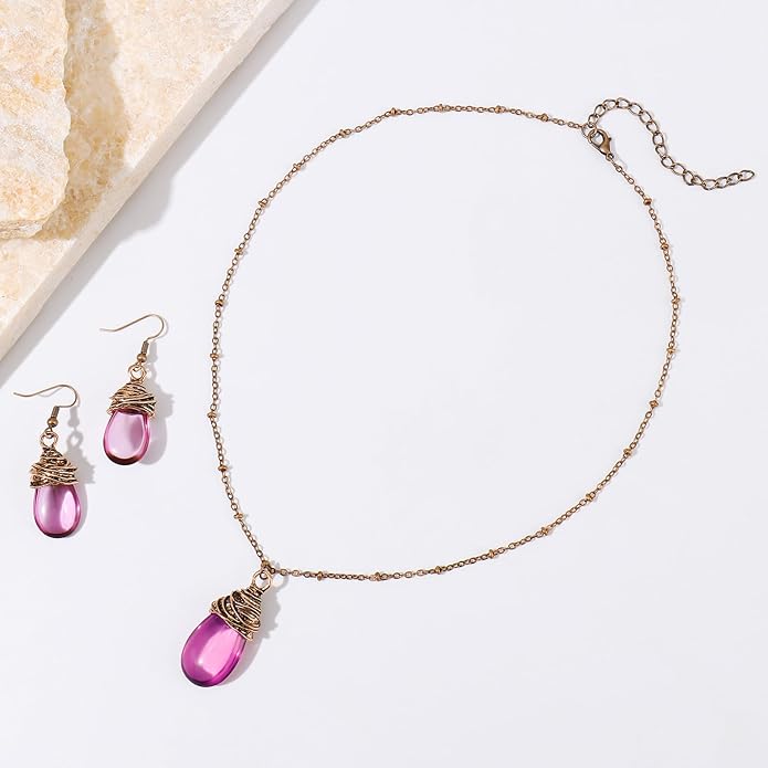 Coiris Brown Jewelry Set for Women Boho Water Drop Necklace and Earrings Set Bohemian Vintage Lantern Pendant Western Dangle Jewelry Gift for Her
