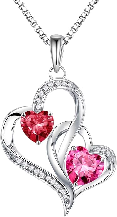 Iefil Valentines Day Gifts for Her - 925 Sterling Silver Double Birthstone Necklace, Heart Necklaces for Women, Anniversary Birthday Gifts, Personalized Jewelry Gift for Wife Mom Girlfriend