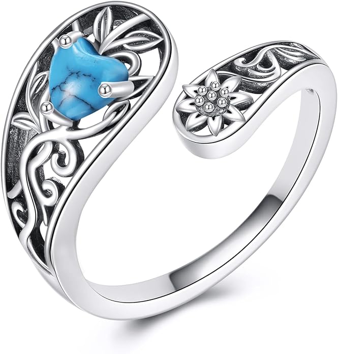 VONALA Dragonfly/Butterfly/Tree of Life/Sunflower Ring for Women 925 Sterling Silver Adjustable Turquoise Ring Flower Antique Jewelry Gifts