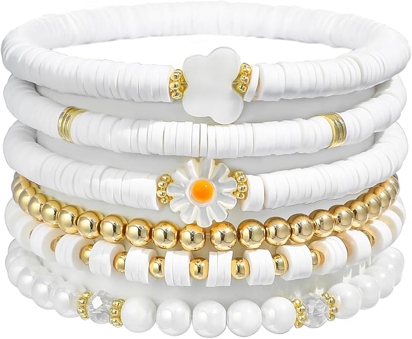 GOOJIDS Surfer Heishi Clay Bead Bracelets for Women Bohemian Stackable Gold Plated Beaded Stretch Bracelets Elastic Layering Friendship Bracelets Set Boho Jewelry