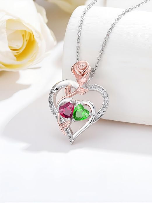 Rose Flower Heart Pendant for Women Birthday Gifts 18k Gold Plated Mother Daughter Necklace with 12 Months Birthstone Christmas Valentines Day Gifts for Her Mom Anniversarry Jewelry for Mom Wife Girlfriend