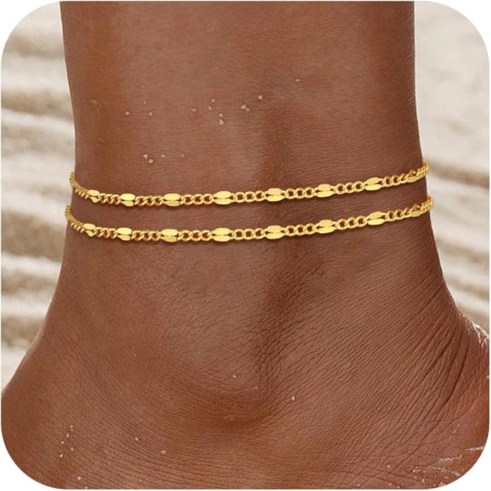 Ankle Bracelets for Women - 14K Gold Plated Waterproof Cuban Water Wave Chain Beads Rhinestone Anklets Set Layered Anklet Bracelets for Women Gold Jewelry Gift