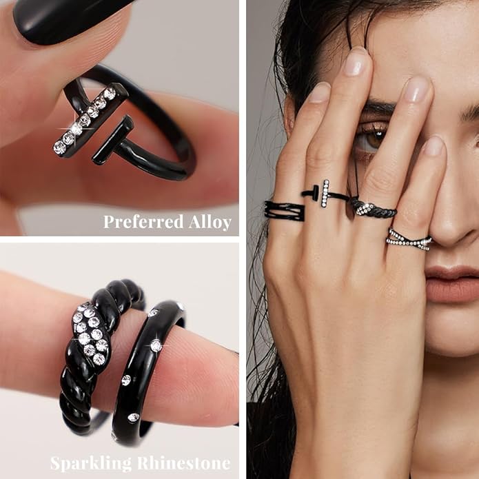 KISS WIFE Goldenen Silvery Black Kunckle Rings Set for Women, Dainty Simple Trendy Cute Stackable Finger Rings Pack, Perfect for Stacking Layering on Thumb and Knuckle, Mixed Size, Jewelry Gift