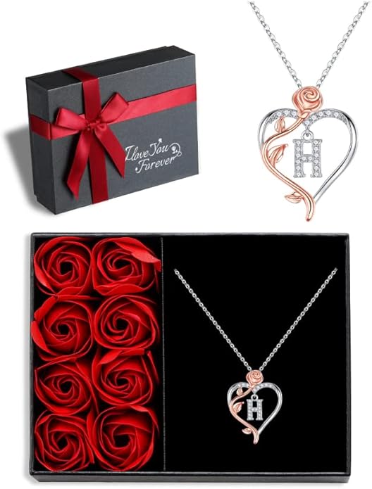 Iefil Valentines Day Gifts for Her - 925 Sterling Silver Rose Heart Initial Necklace, Anniversary Birthday Gifts for Women, Jewelry Gift for Her Wife Girlfriend