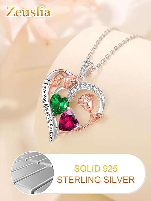 Valentine's Day Gifts for Wife 925 Sterling Silver Double Birthstone Pendant Necklaces I Love You for Always and Forever Necklace Anniversary Birthday Gifts for Wife Girlfriend Mom Her