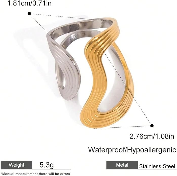 Chunky Rings For Women, Gold Silver Thumb Ring Asymmetrical Wavy Curve Ring Adjustable Non Tarnish Dainty Stainless Steel New Year Anniversary Birthday Jewelry Gift