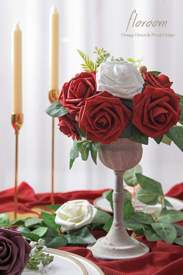 Artificial Flowers 25pcs Real Looking Dark Red Foam Fake Roses - Image 3