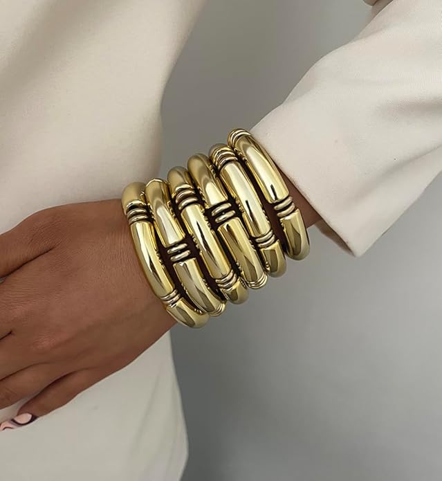 iF YOU 6pcs Chunky Acrylic Bangle Bracelets for Women, Resin Bamboo Brown Stretchy Bracelet Stack, Fashion Jewelry for Women