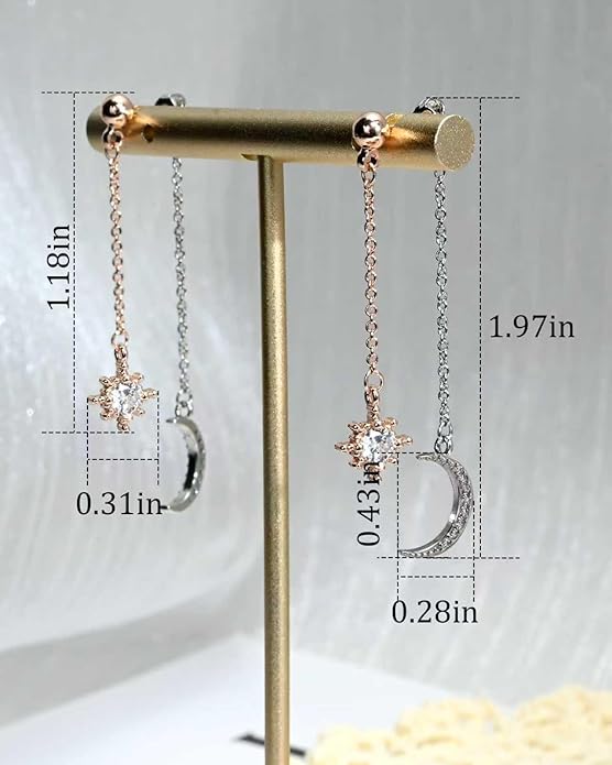 Moon and Star dangle Earrings for Women Chain Tassel with Cubic Zirconia Drop Celestial Jewelry for Wedding Gift