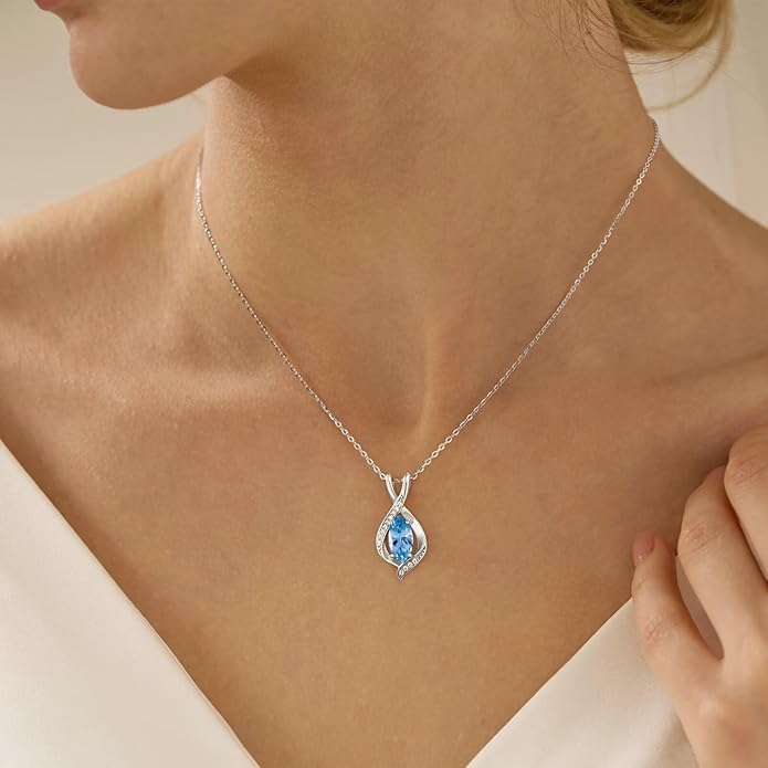 Iefil Valentines Day Gifts for Her, 925 Sterling Silver Marquise Birthstone Necklace Birthday Gifts Dainty Necklaces Birthstone Jewelry for Wife Daughter, 19"+2" Inches