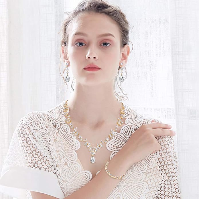 Hadskiss Jewelry Set for Women, Necklace Dangle Earrings Bracelet Set with White AAA Cubic Zirconia, Allergy Free Wedding Party Jewelry for Bridal Bridesmaid