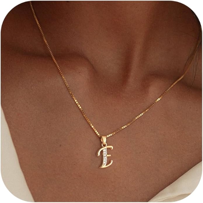Initial Necklace for Women, 14K Gold Plated Box Chain Letter Pendant, Trendy Name Necklace, Dainty Personalized Jewelry Valentines Day Gift for Her