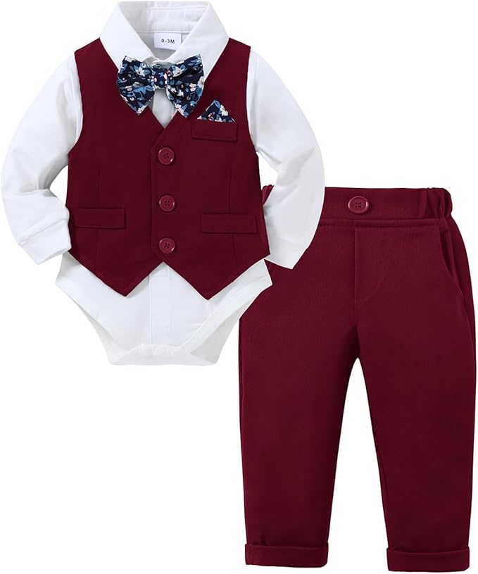 DISAUR Baby Boy Clothes Toddler Boy Outfits 4PCS Gentleman Dress Romper/Vest/Pants/Bow Tie Cotton Suit Sets