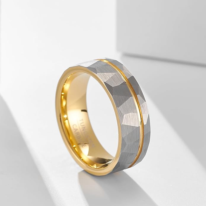 | Faceted Borderline Band - 8mm Wide Textured Grey Tungsten Ring for Men & Women