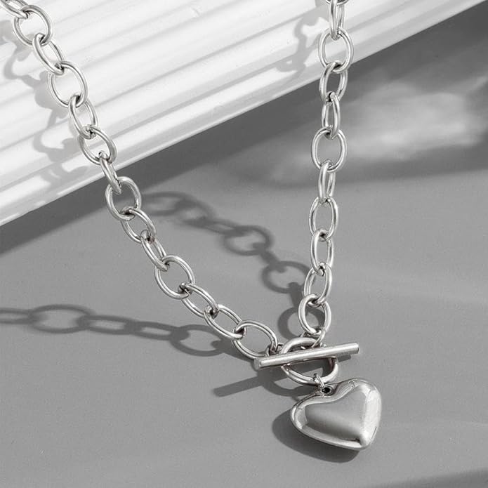 Chunky Gold Heart Necklace for Women,Y2K Big Heart Statement Necklace Long Puffy Hearts Chain Charm Necklaces Trendy Jewerly