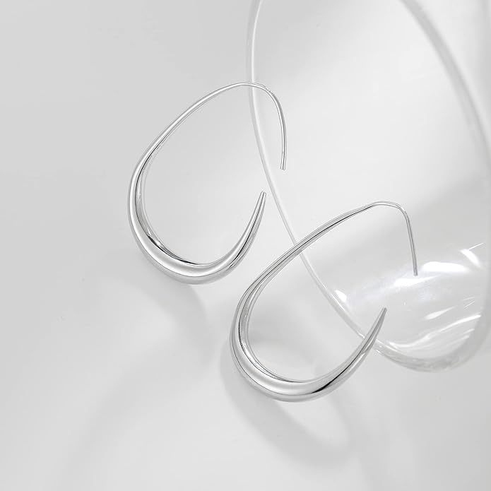 Lightweight Teardrop Hoop Earrings for Women - 14k Gold/White Gold Plated Large Oval Pull Through Hoop Earrings High Polished Statement Jewelry Gift for Women