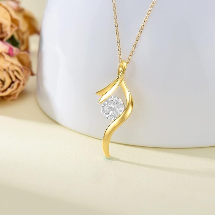 SISGEM 14K Real Gold 1 Carat Round-Cut Moissanite Necklace for Women,Yellow Gold Infinity/Heart Pendant Ribbon Necklaces Birthday Gifts for Wife Girlfriend 16''-18''