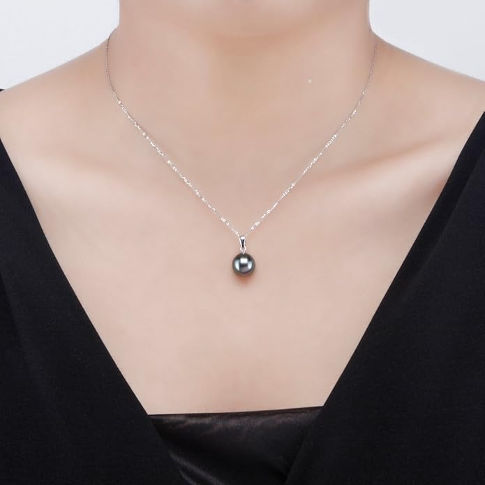 VIKI LYNN Tahitian Black Pearl Necklace for Women 9-10mm Cultured Pearl Pendant 925 Sterling Silver Chain 18K Gold Clasp Christmas Wedding Birthday Anniversary Mothers Day Gifts for Wife Mom Her