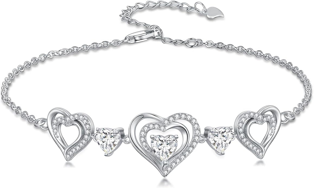 Birthstone Charm Link Bracelet 925 Sterling Silver Rose/Heart/Mom Bracelet with 12 Months Birthstone Mother's Day Gift Jewelry Gifts for Women,Chain Length 7"+2" Extend