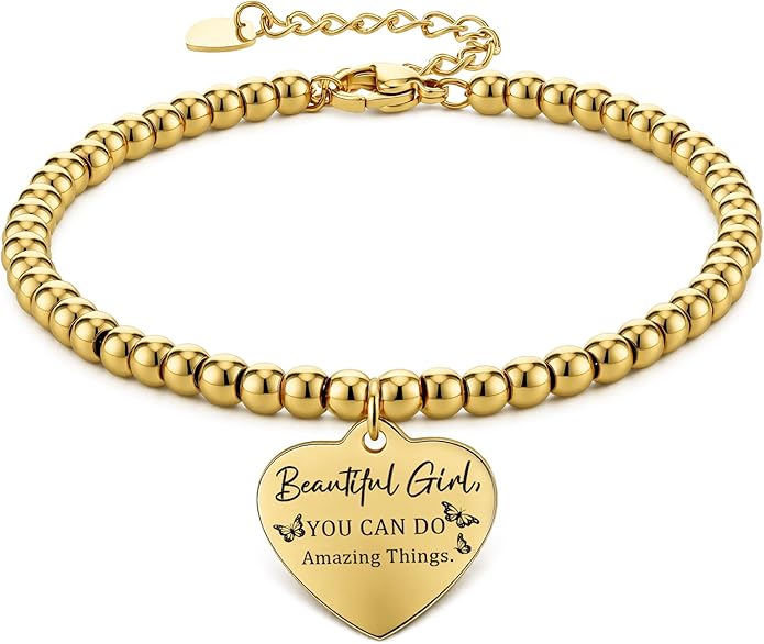 Beaded Gold Bracelet for Women Stretch Handmade Ball Charm Gifts for Women Dainty Don't Let The Hard Days Win Jewelry Charm Gifts for Her