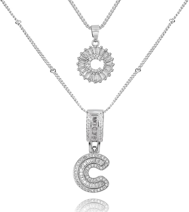 Initial Letter Necklace for Women 14k White Gold Silver Plated Dainty Necklaces Trendy Chunky Custom Layered Necklace Set Personalized Round Circle Zirconia A-Z Letter Chain Pendant Jewelry Gift