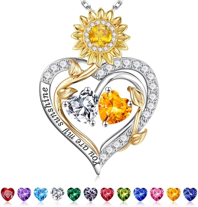 Iefil Valentines Day Gifts for Her - 925 Sterling Silver Sunflower Double Birthstone Necklace for Women, Anniversary Birthday Gifts for Wife, You Are My Sunshine Necklaces, Jewelry for Wife Mom