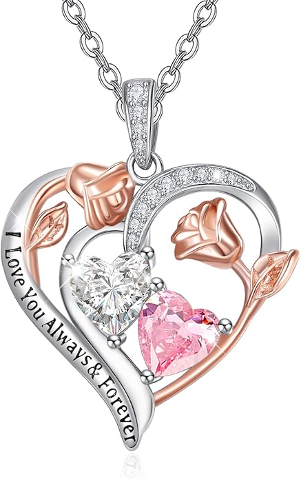 Valentine's Day Gifts for Wife 925 Sterling Silver Double Birthstone Pendant Necklaces I Love You for Always and Forever Necklace Anniversary Birthday Gifts for Wife Girlfriend Mom Her