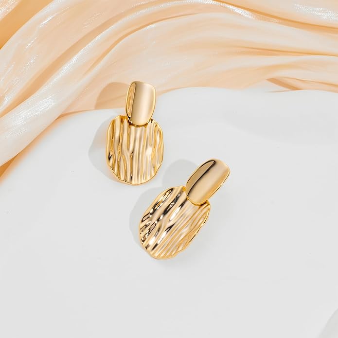 Chunky Gold Earrings for Women - Hammered Gold Plated Dangle Drop Jewelry Gifts