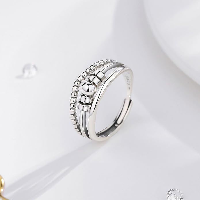 Vito 925 Sterling Silver Fidget Anxiety Ring for Women, Adjustable Open Spinner Ring Stress Relief Ring Stacking Band Anillos Jewelry Gift for Mom Daughter