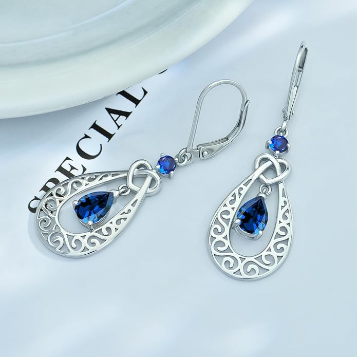 Teardrop Birthstone Dangle Drop Earrings Sterling Silver Infinity Filigree Leverback Earrings, Infinity Love Birthday Anniversary Valentines Day Gifts for Her Women Mom Wife