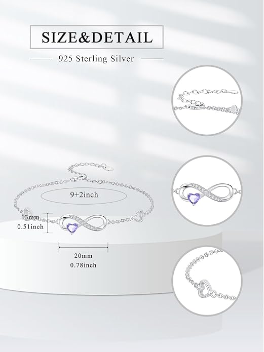 Dorunmo Infinity Heart Anklet Bracelet for Women 925 Sterling Silver Adjustable Infinity Birthstone Bracelet Friendship Jewelry Gifts for Women Birthday Christmas
