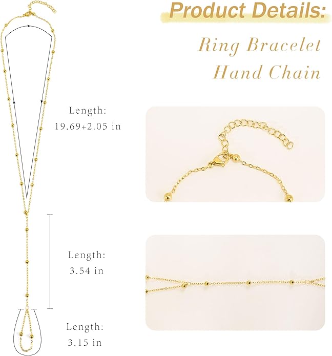 Hand Chain Bracelet, Adjustable Hand Jewelry Chain Bracelet with Ring, Trendy Gold Handchains Jewelry