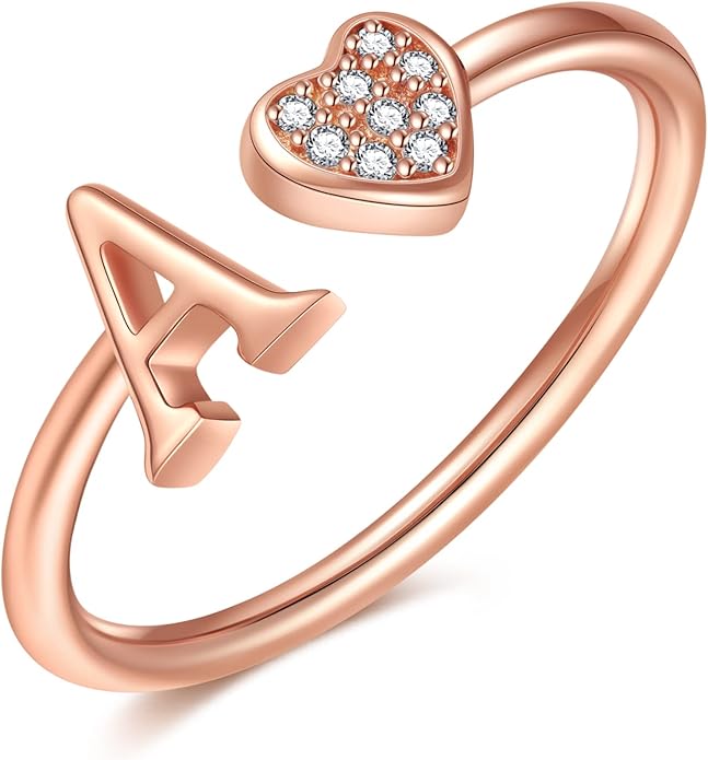 Valentines Day Gift Initial Rings for Teen Girls - S925 Heart Sterling Silver Rings for Teen Girls | 14K Gold/Rose Gold/Sterling Silver Plated Ring for Girls Kids Women Ring for Teenager Girls Gifts Adjustable, No Tarnish, Hypoallergenic