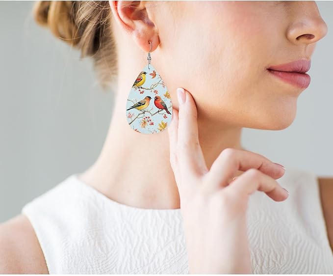 Two Hummingbirds Woman Earrings, Autumn Cherry Blossoms Hummingbirds Lightweight Leather Dangle Teardrop Earrings Jewelry For Ladies Friends