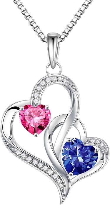 Iefil Valentines Day Gifts for Her - 925 Sterling Silver Double Birthstone Necklace, Heart Necklaces for Women, Anniversary Birthday Gifts, Personalized Jewelry Gift for Wife Mom Girlfriend