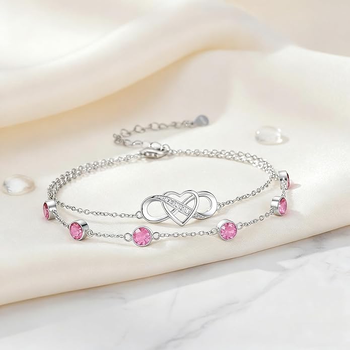 Prismata Infinity Birthstone Charm Link Bracelet 925 Sterling Silver Adjustable 12 Months Birthstone Infinity Bracelet Birthday Jewelry Gifts for Women Mom Her,with 7"+2" chain
