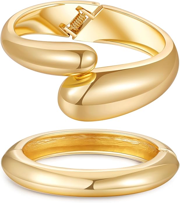 2pcs Gold Bangle Bracelets for Women, Trendy Hinged Cuff Open Wide Chunky Gold Bracelet Stack Arm Cuff Jewelry for Women