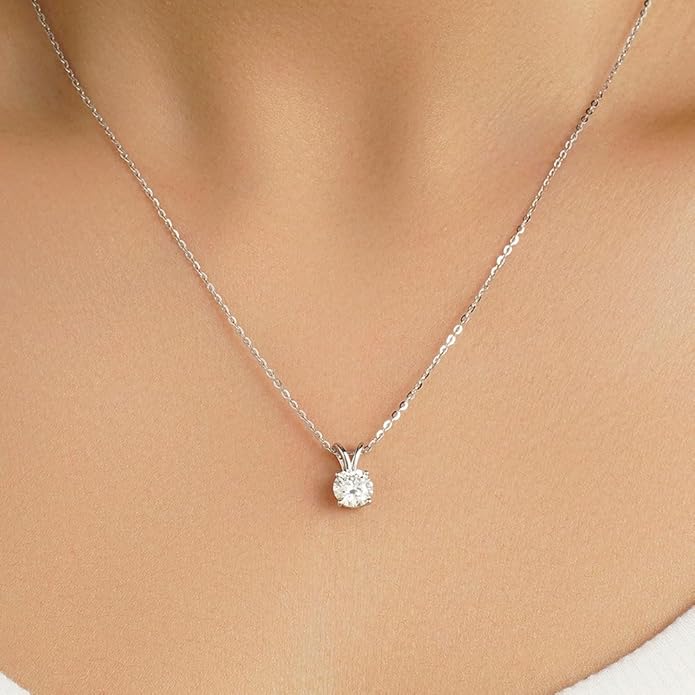 MSBLUE 1ct Round Moissanite Solitaire V-Bale Pendant Necklace, Sterling Silver with 14K White Gold Vermeil, Rhodium Finish