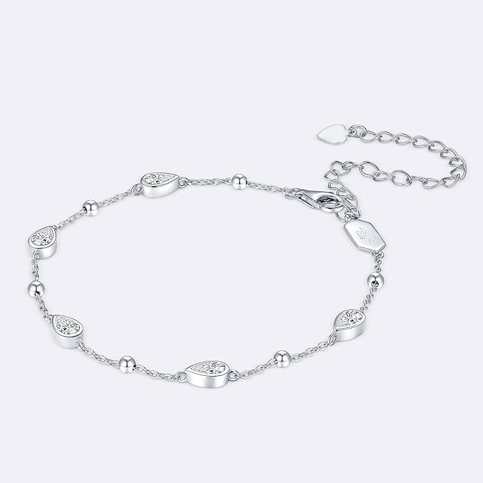 Pear Moissanite Link Bracelet, 1.75cttw D Color VVS1 925 Sterling Silver Adjustable 5-Stone Pear Bracelets for Women Mom Wife Birthday Jewelry Gifts