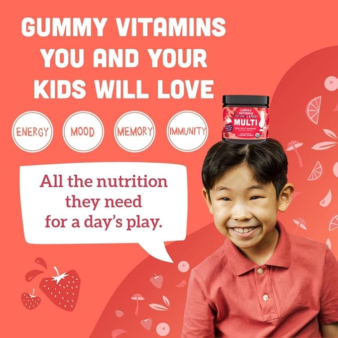 Llama Naturals Kids Multivitamin Gummies, Vegan, Organic with Vitamin D, C & K, Toddler Real Fruit Gummy Vitamins, Chewable Supplement, Whole Food Multivitamin, No Added Sugar Cane, Strawberry, 90 Ct
