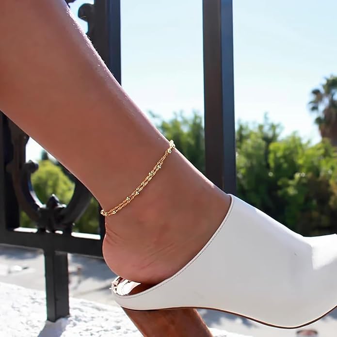 DEARMAY Dainty 14K Gold Plated Ankle Bracelets for Women, Waterproof 14K Gold Plated Link Chain Anklets Non Tarnish Set Pack Summer Beach Jewelry Gift