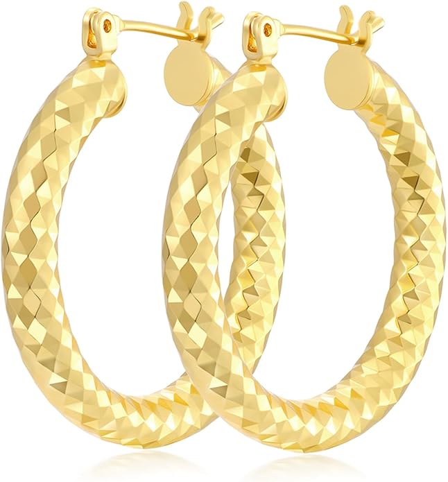 Gold Plated Hoop Earrings for Women 14K Gold Plated Earrings for Women Hypoallergenic Lightweight Wrinkle Texture Earrings Womens 20mm/25mm/30mm