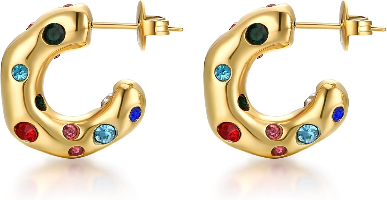 Gold Earrings for Women Girls,14K Gold Plated Hoop Earrings with 925 Sterling Silver Post Cubic Zirconia Stud Earring Huggie Hoops Earrings