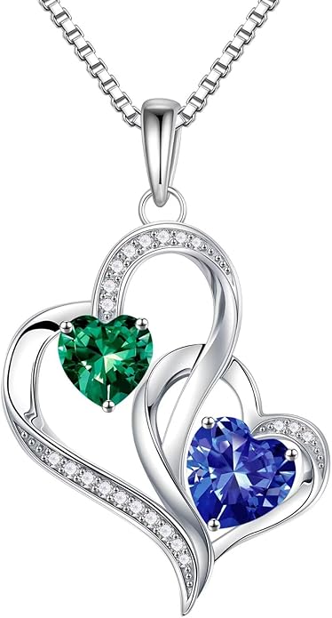 Iefil Valentines Day Gifts for Her - 925 Sterling Silver Double Birthstone Necklace, Heart Necklaces for Women, Anniversary Birthday Gifts, Personalized Jewelry Gift for Wife Mom Girlfriend