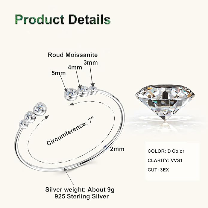 Moissanite Cuff Bangle, 1.8cttw D Color VVS1 Clarity Bracelet fit 7" Below Wrist, 925 Sterling Silver Bangle for Women Wife or Girlfriend Birthday Gifts