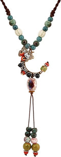 MINACHI Vintage Bohemian Hippie Ceramic Beads Crescent Moon Lariat Necklace, Boho Hippie Statement Jewelry Gift for Women
